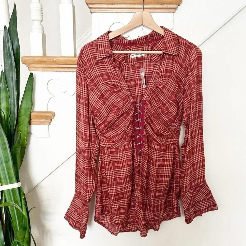 NWT Free People We The Free Red Combo Plaid Catalina Remade Shirt Combo Tunic S